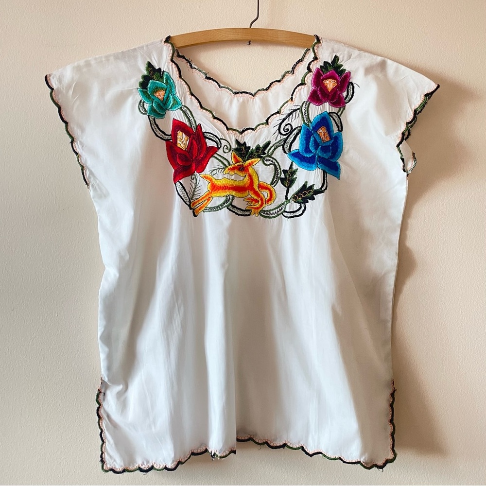 Vintage Mexican Colorful Floral Embroidered White Top Blouse